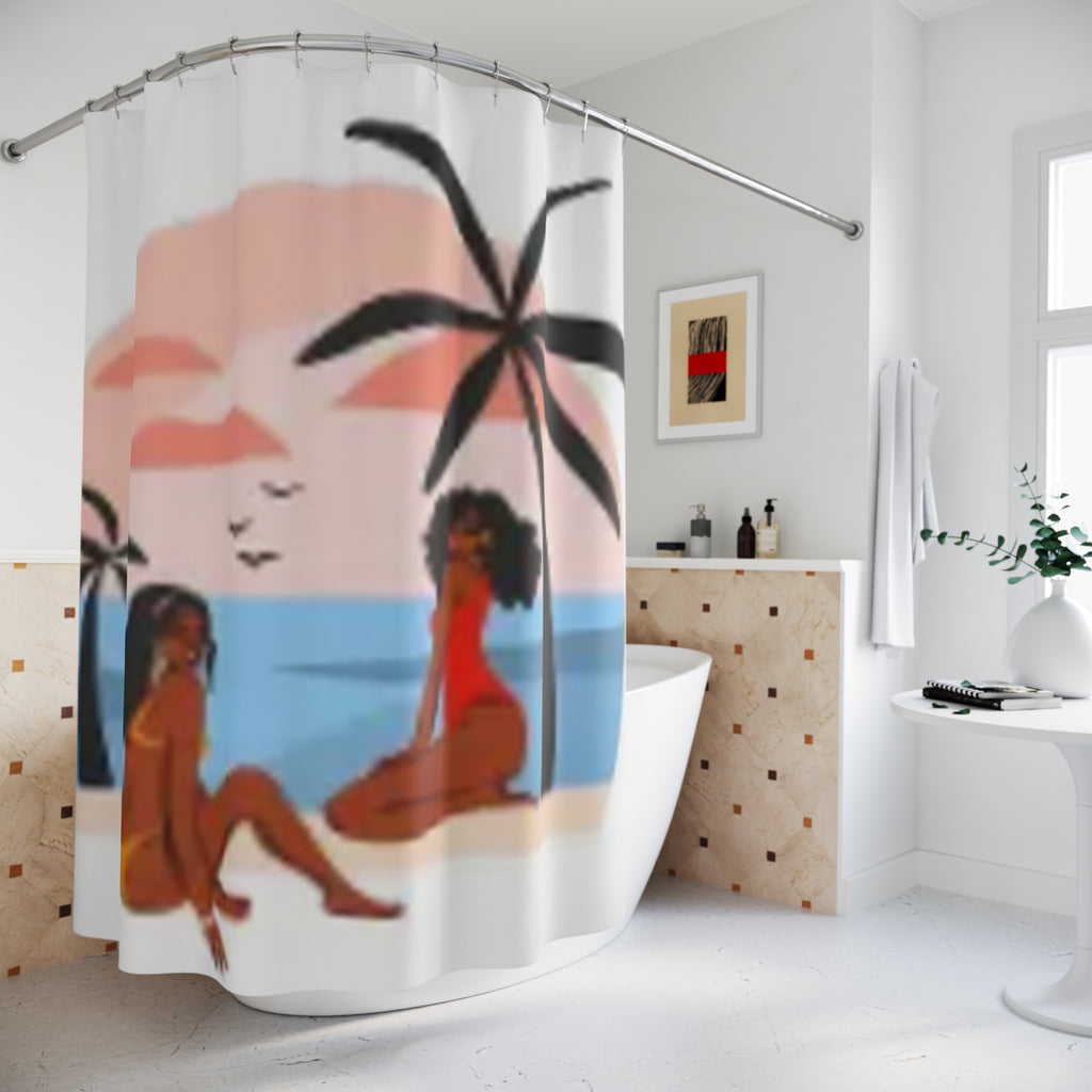 Shower Curtain - Tropical Sunset Beach Scene with Black Women Illustration