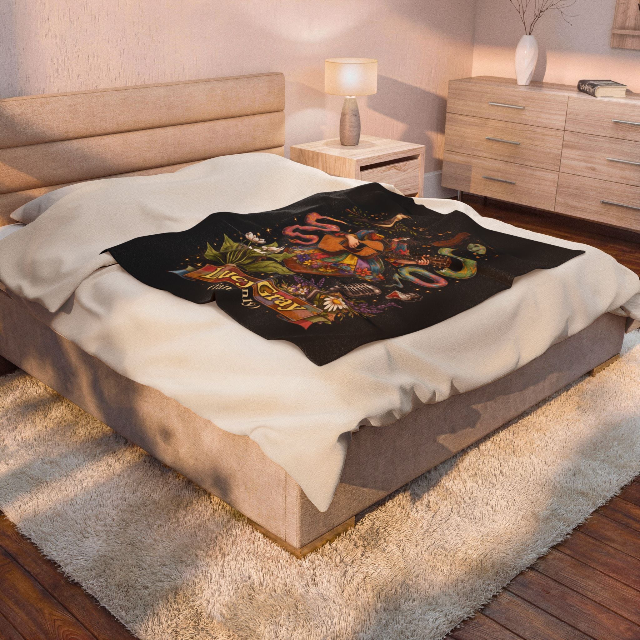 Lucy Gray Fans Plush Blanket — Cozy Singer-Songwriter Guitar Illustration Throw